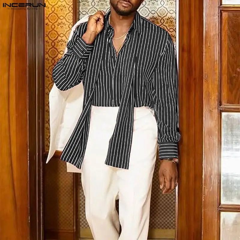 

Мужская рубашка INCERUN в полоску с отложным воротником, длинным рукавом, на пуговицах, повседневная, с поясом, уличный стиль, свободный крой, весна 2026, топы, рубашки, размеры S-5XL