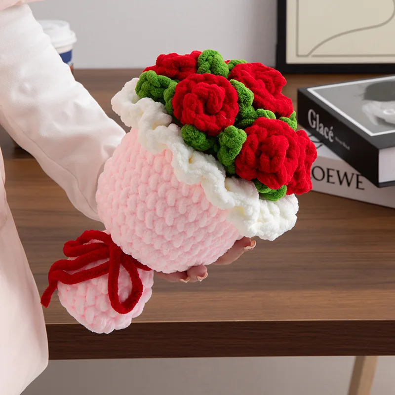 Rosa girassóis plantas de pelúcia crochê acabado malha criativa segurando buquês dia das mães aniversário formatura presente