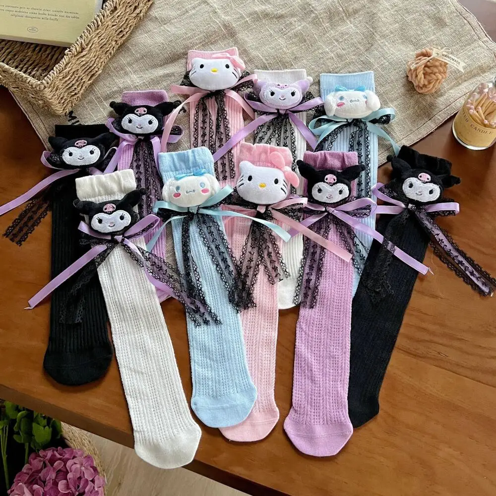 

Kawaii гольфы Sanrios Anime Melody Kuromi Cinnamoroll Girls Jk Lolita Medium Socks с кружевным бантом, хлопковые высокие носки до колена, подарок