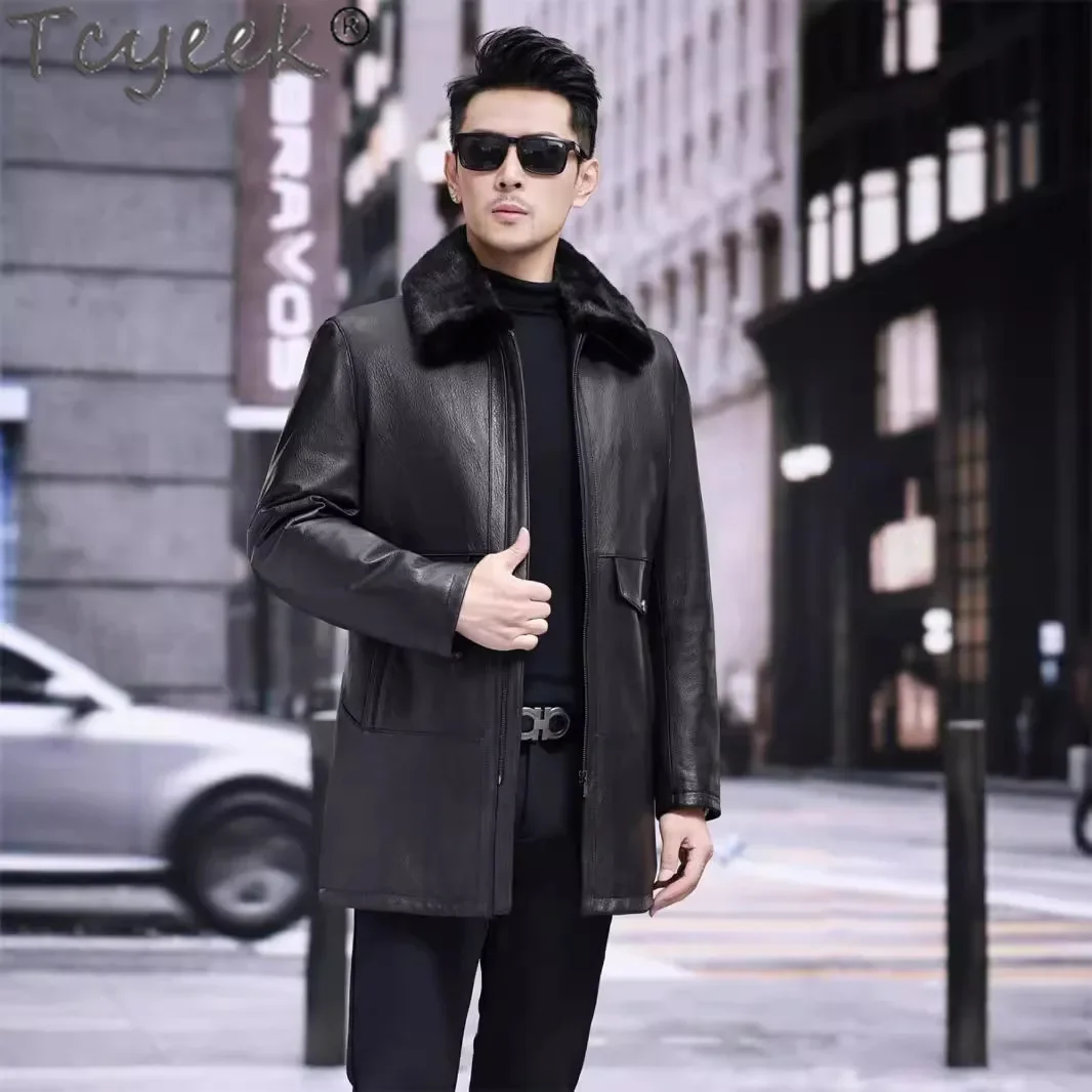 Tcyeek Real Leather Jacket Men 100% Goatskin Mens Jackets Autumn Winter Clothes Mink Fur Collar Duck Down Coats Jaqueta Couro