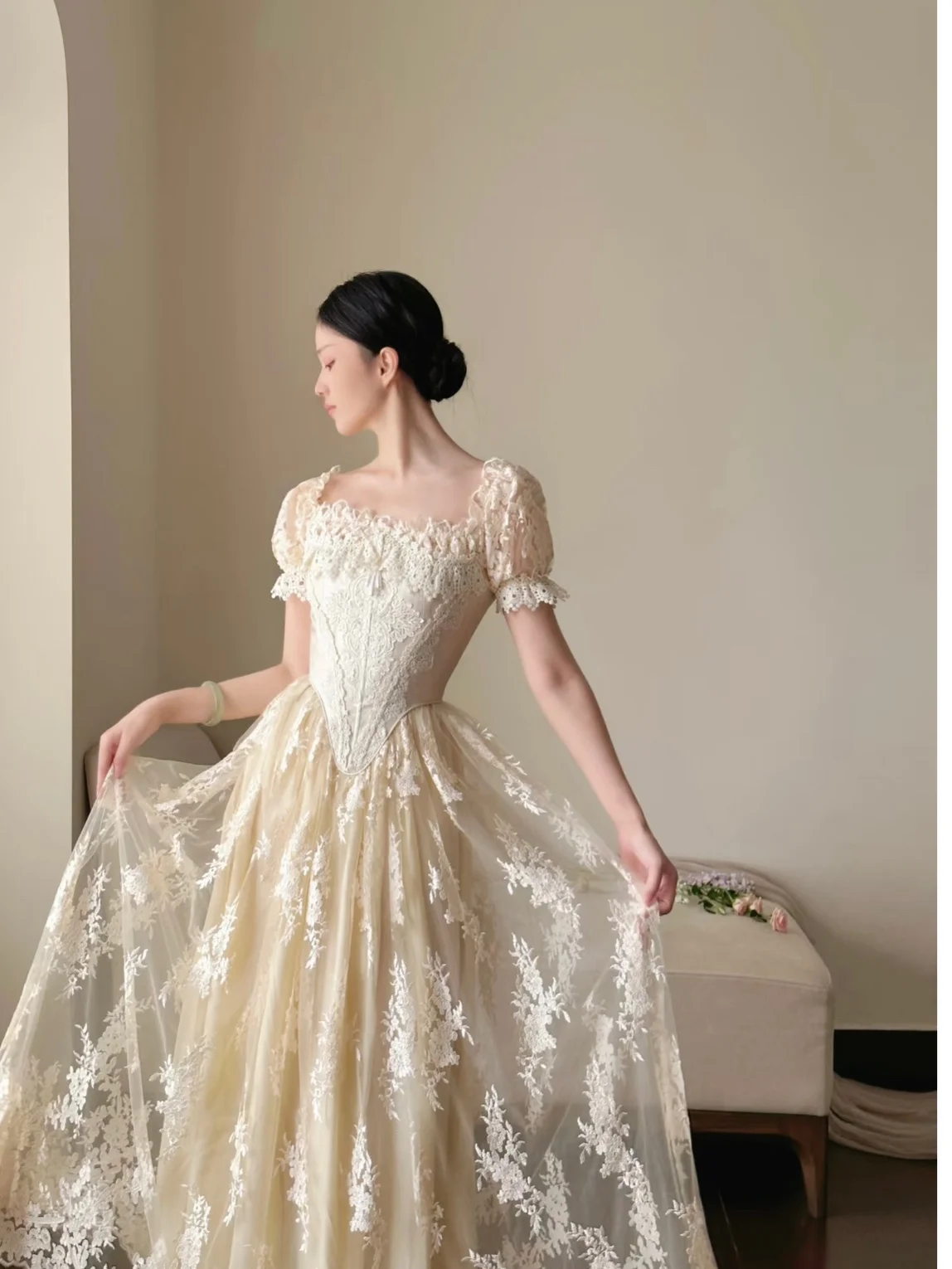 Retro Court Heavy Embroidery Lace Fishbone Dress Wedding Dress Evening Gown Elegant Women's Fashion Summer Collection