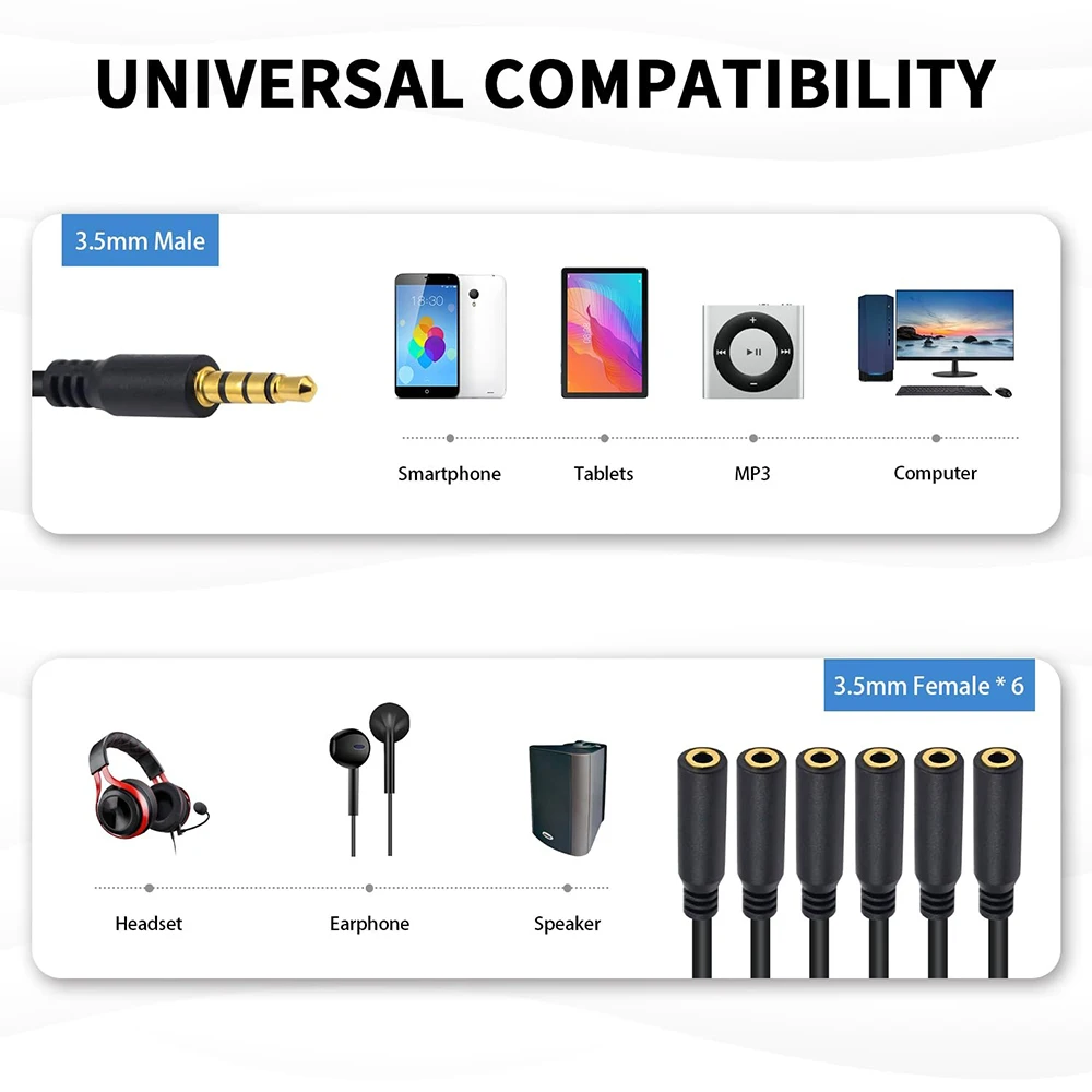 0.3m Stereo 3.5mm 1/8 TRRS to 6 Ports AUX Adapter Male To Female Audio Extension Cord Headset Splitter Cable for PC Mobile Phone