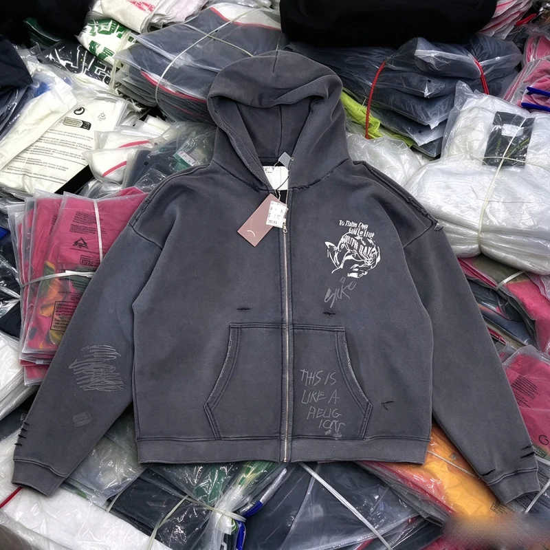 Retro Washed PALY Zipper Hoodie Fist Print Letter Graphic Distressed hole damaged Oversized Hooded Sweatshirts Street Pullovers