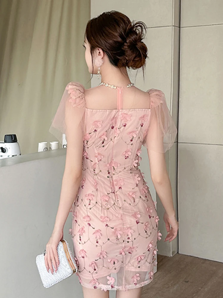 Summer Sweet Pink Floral Vacation Evening Dress Women Clothes Elegant Luxury Sexy Bubble Sleeves Skinny Party Prom Vestido Beach