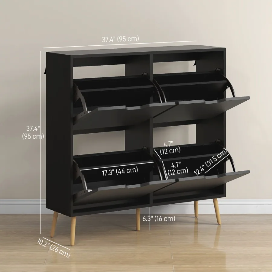 خزانة تخزين الأحذية مع 4 أدراج قابلة للطي وخزانة أحذية ذات رف قابل للتعديل لـ 8-16 زوجًا من الأحذية باللون الأسود #2