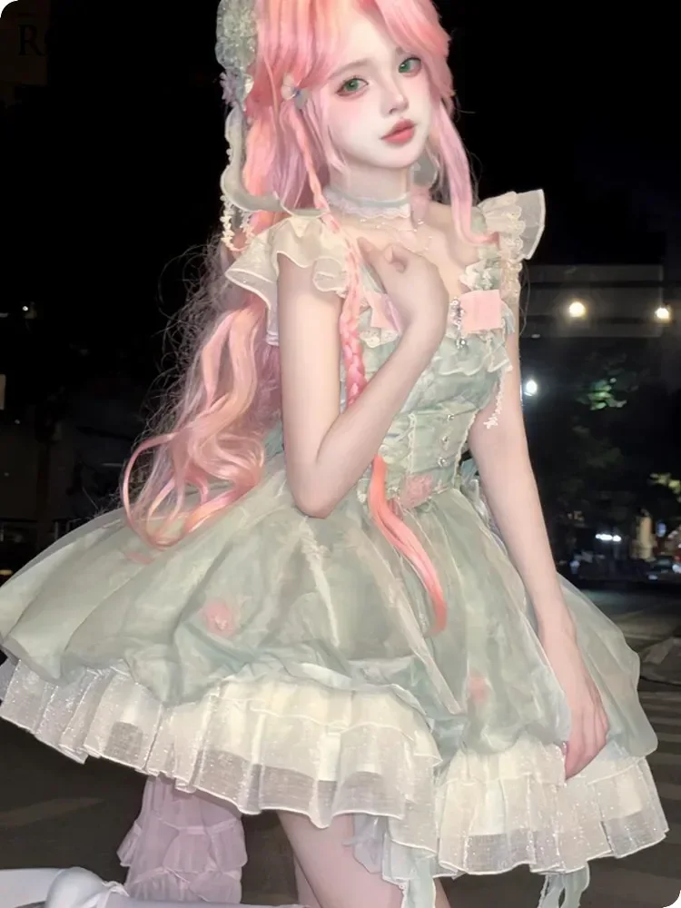 

Lolita Princess Dress Women 2026 Summer Short Green Dress + Neck Accessory + Flower Ornament + Bow with Trailing Hem