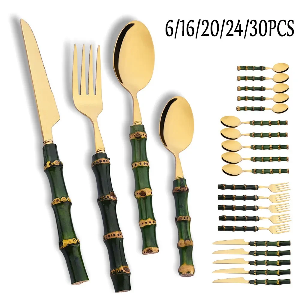 6/16/20/24/30Pcs Green Bamboo Dinnerware Set Stainless Steel Knife Fork Spoon Natural Bamboo Handle Flatware Cutlery Set Kitchen