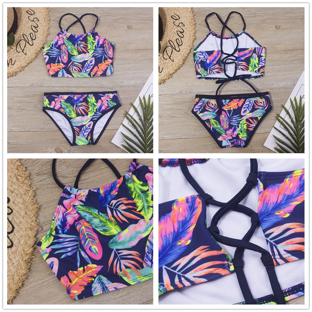 7-14 Years 2024 Print Falbala Girls Kids Swimwear Swimsuit Summer Children Biquini Infantil Bathing Suit Kids Girls Bikini Set