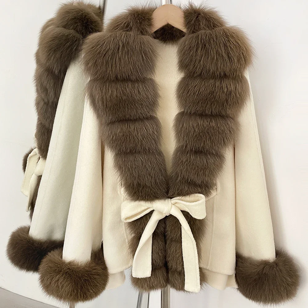 OFTBUY Neue Luxuriöse Warme Winterkleidung mit Natürlichem Fuchsfell Damen 100% Wollmantel mit Gürtel Echter Fuchsfell-Wollmantel für Frauen – Detail 22