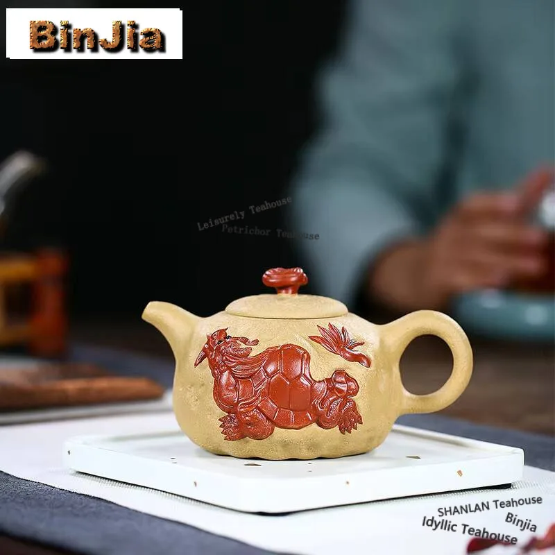 

, 350 мл, классические чайники из фиолетовой глины Исин, горшок ручной работы в виде черепахи-дракона, необработанная руда, золотая секция, грязевой чайник, набор для чая Zisha, посуда для напитков, подарок