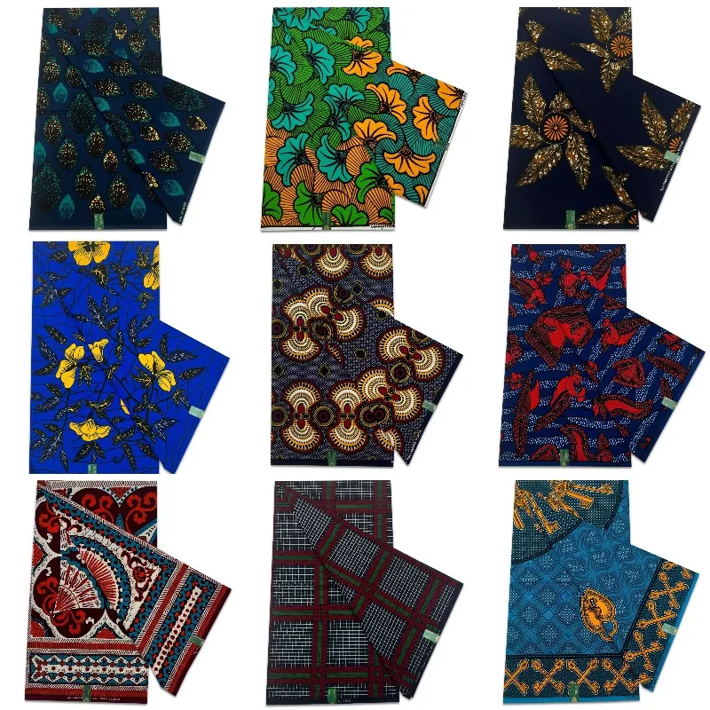 

New African Wax Print Fabric Ankara Kitenge Pagne Loincloth Batik Wholesale Golden Glitter Grand 100Cotton Material for Sew 6yar