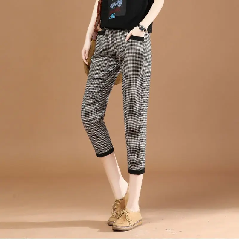 Donna primavera semplicità moda Plaid sciolto tutto-fiammifero cotone e lino a vita alta Harem abbigliamento donna pantaloni corti di tendenza Casual