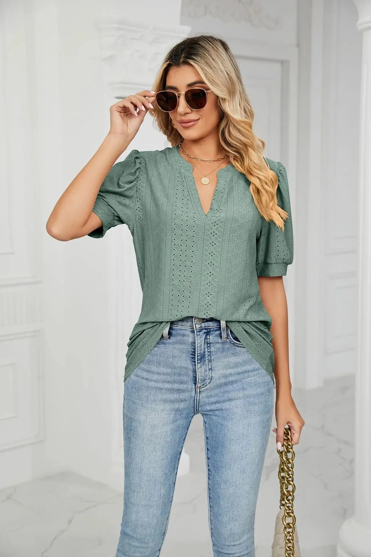 Womens Tops Summer V Neck Ruffle Sleeve Blouses Short 2024 Spring Sleeve Casual Tops T-Shirts for Women