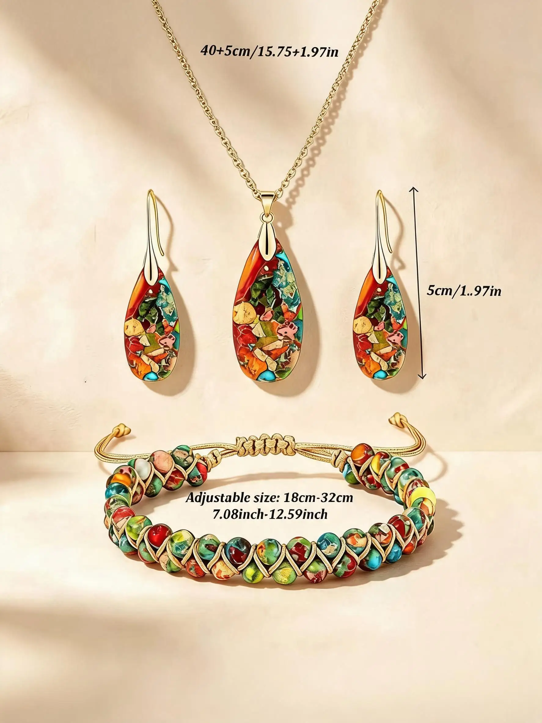 4PC Natural multi-colored imperial stone set，including teardrop-shaped pendant necklace，earrings，adjustable bracelet，Bohemian