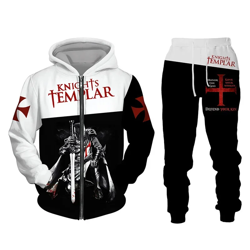 Knights Templar Men\'s Zipper Hoodie Set Cross 3D Printed Oversized Harajuku Fashion Loose Long Sleeve Casual Streetwear Autumn