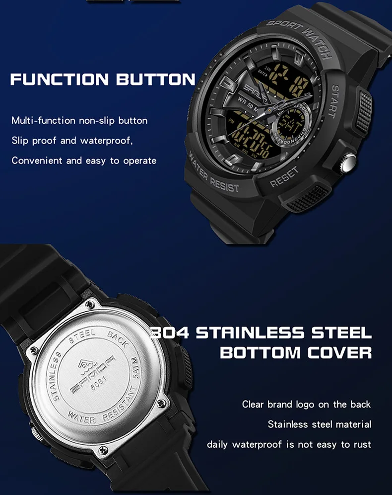 Sanda-6081 مضيئة LED عرض التناظرية زوجين ساعة اليد للرجال ، وضع التنبيه ، الكوارتز الإلكترونية ، حركة ، مقاوم للماء ، وقف ساعة