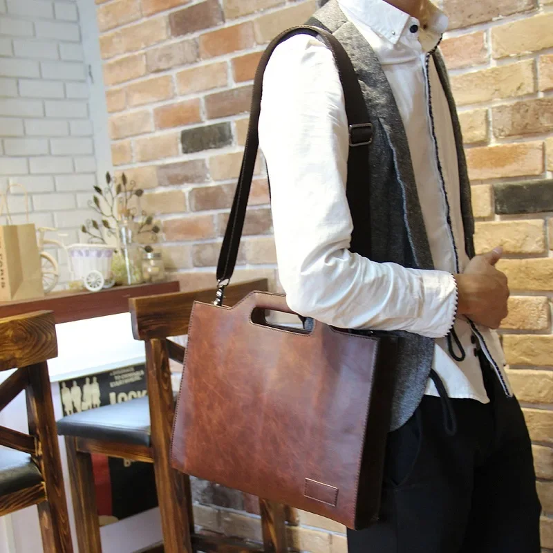 Men's PU Leather Briefcase Computer Bag Executive IPad Office Handbag Shoulder Business Document Portable Vintage Crossbody Bag