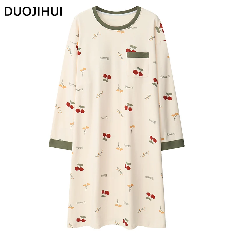 DUOJIHUI Sweet Chic Print Pocket Loose Sleepwear Women Classic O-neck Long Sleeve Pullover Basic Simple Casual Female Nightgown