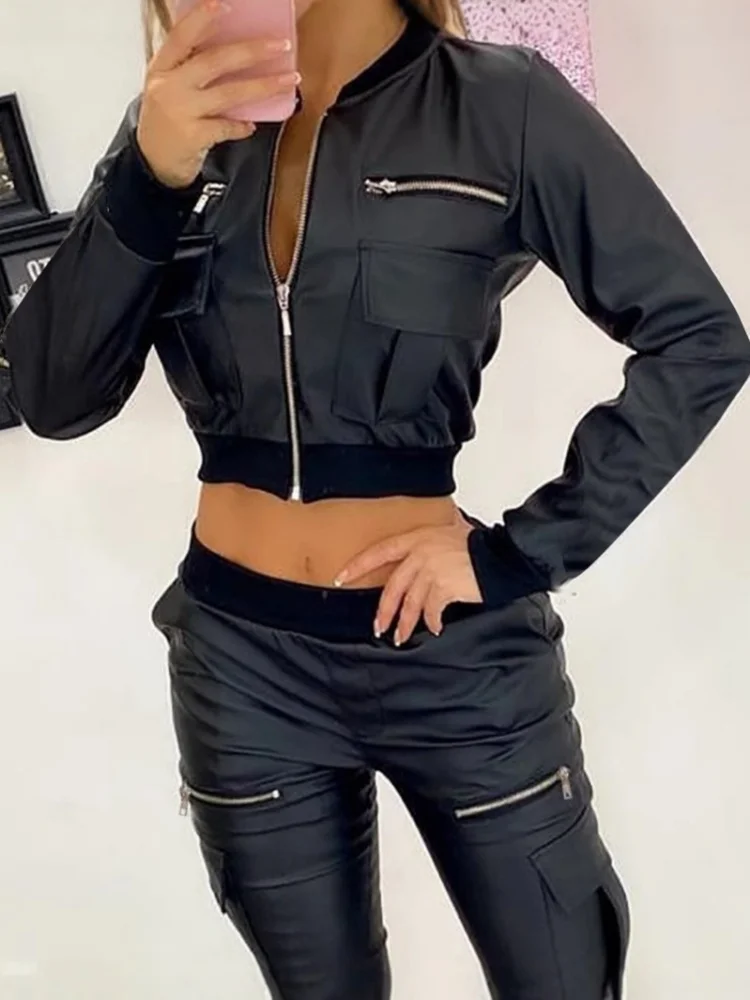 Solid Color PU Leather Zipper Short Jacket Pocket Women Long Sleeve Baseball Jacket Ladies Street Fashion Motorcycle Clothes