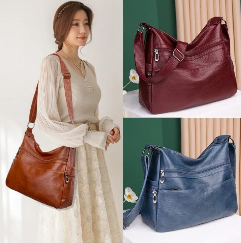 

Luxury Pu Leather Messenger Bag Vintage Women Hand Bag Large Capacity Casual Hobo Handbag Purse Female Crossbody Shoulder Bags