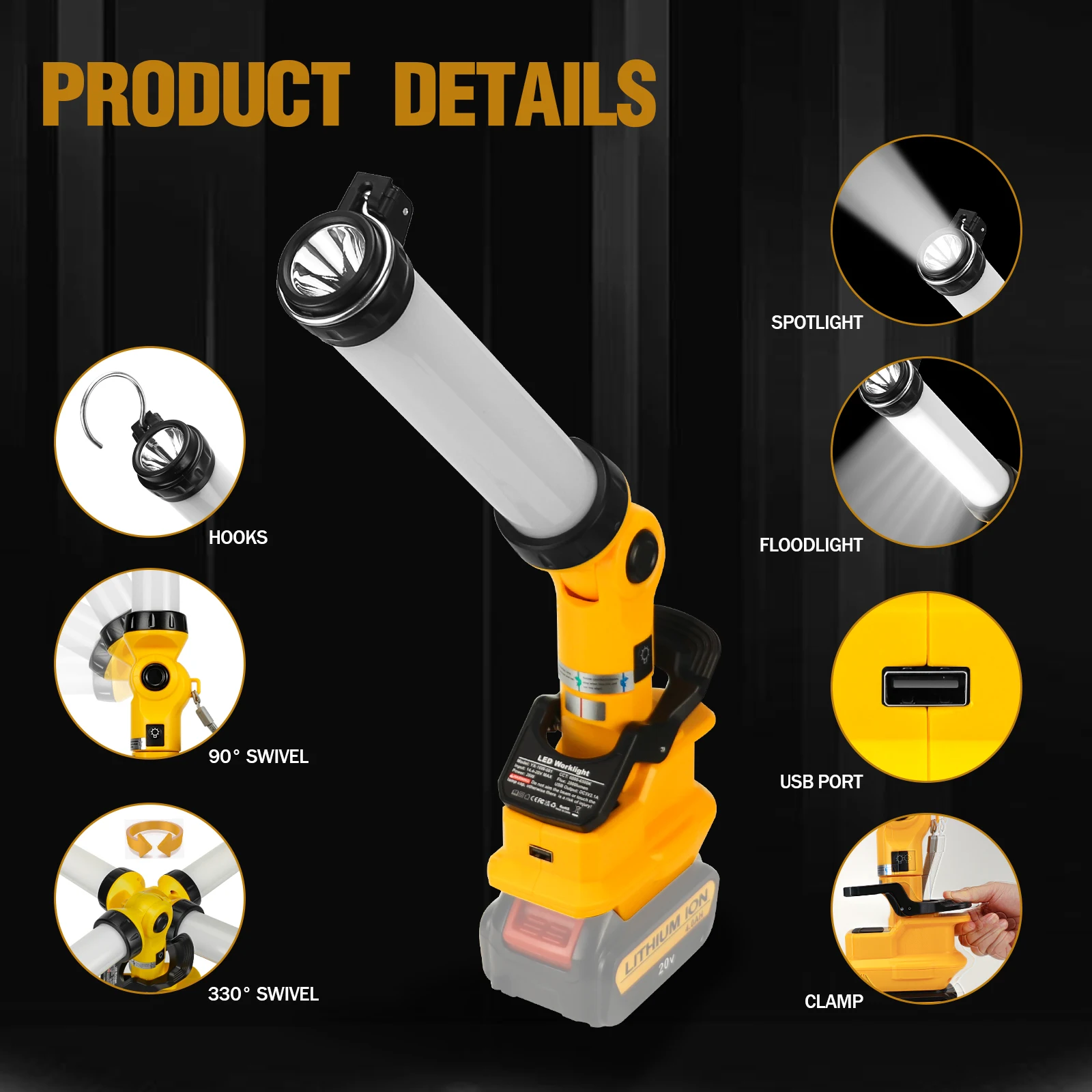 Luz LED de trabajo inalámbrica para Dewalt, linterna con batería de iones de litio, DCB203, DCB204, DCB206, DCB205-2, DCB204-2, 26W14.4V-20V, 2000LM