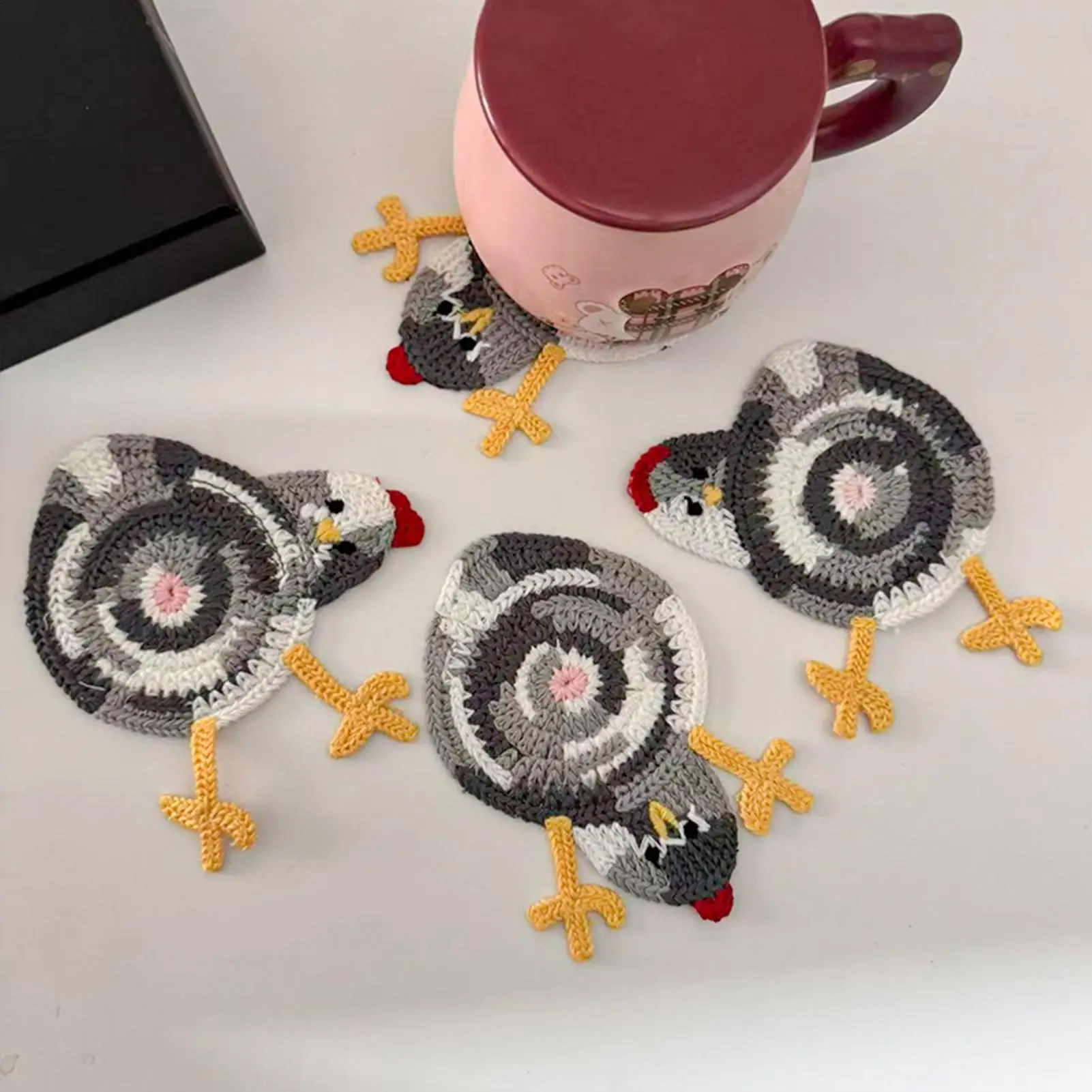 Chicken Coasters Heat Resistant Absorbent Drink Coaster Crochet Style Placemats for Kitchen Table Desk Bar Coffee Cup Home Decor