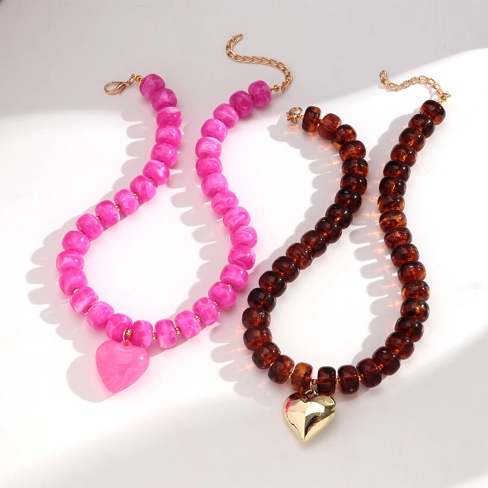 Boho Bunte Acryl Flache Runde Perlen Herz-Anhänger Halskette Geometrische Liebesherz Perlen-Choker Trendiger Schmuck Geschenke – Detail 3