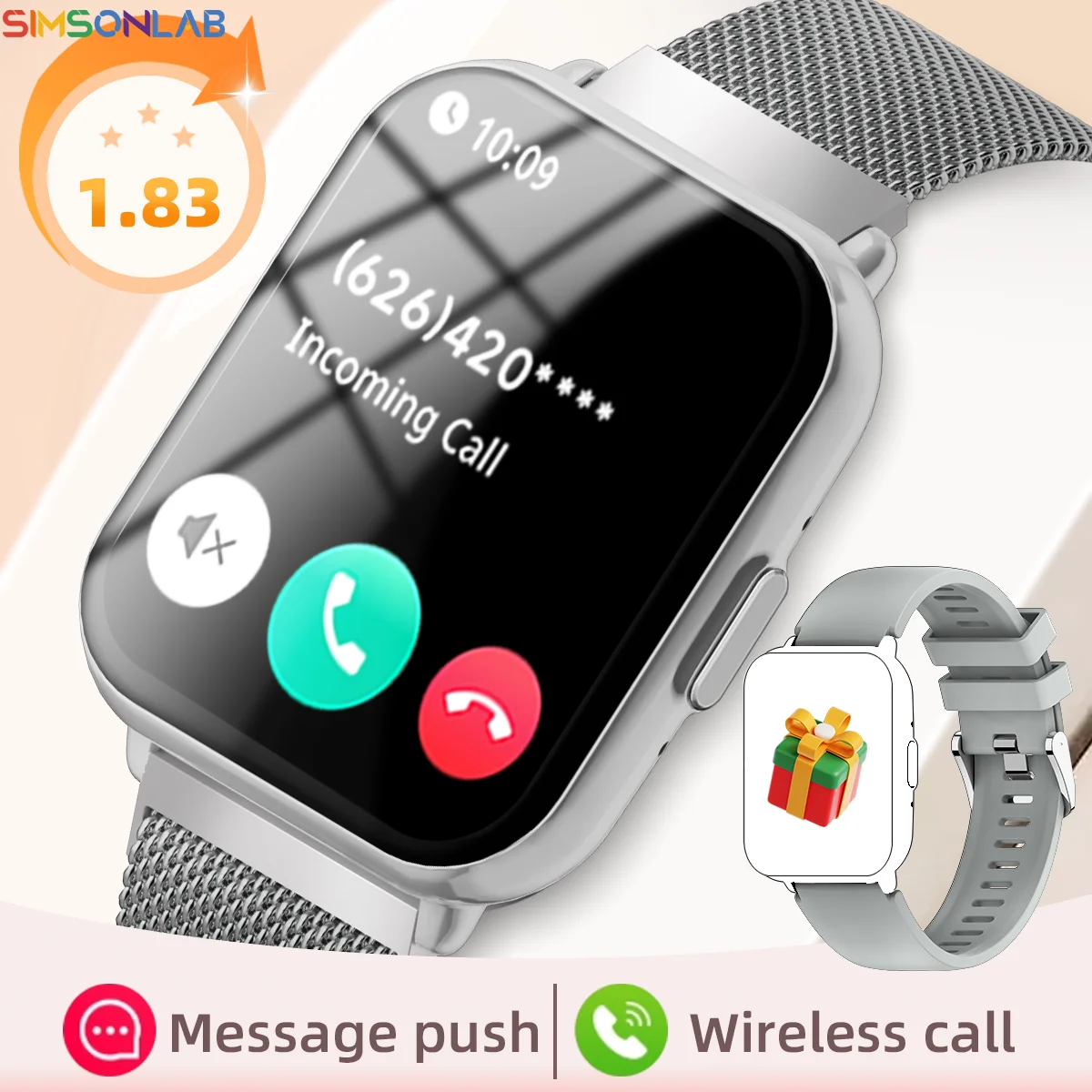 

1.83 HD Screen New Watch Big Battery Voice Assistant 1ATM Waterproof Health Monitoring Colorful Watch Band For Choice