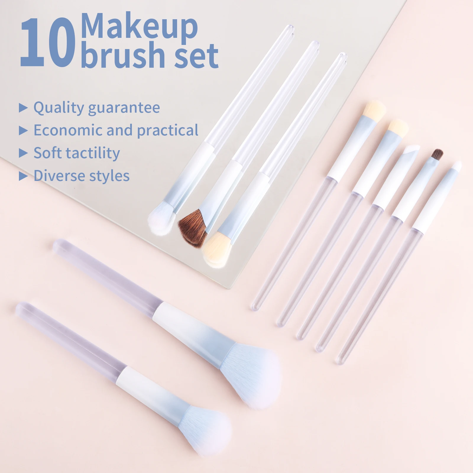 Professionelles 10-teiliges Make-up-Pinsel-Set mit Transparentem Griff - Kombi-Set für Puder, Lidschatten, Rouge und Detailarbeiten