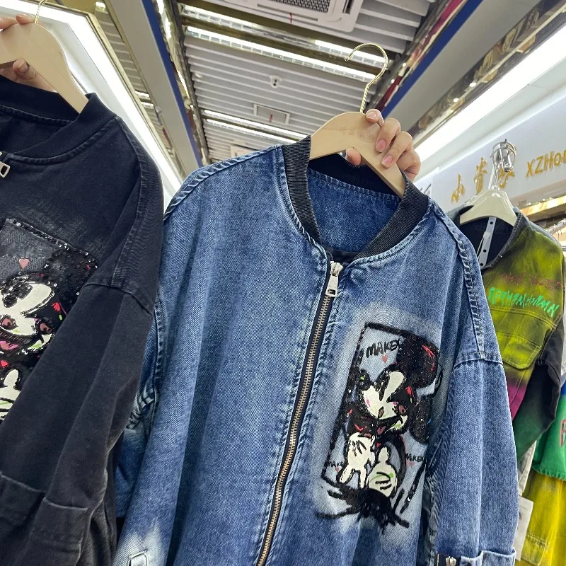 2025 Autunno Nuovo Allentato di Media Lunghezza Felpe Industria Pesante Cartoon Design Lavato Vintage Felpa Giacca a maniche lunghe Cappotto con cerniera
