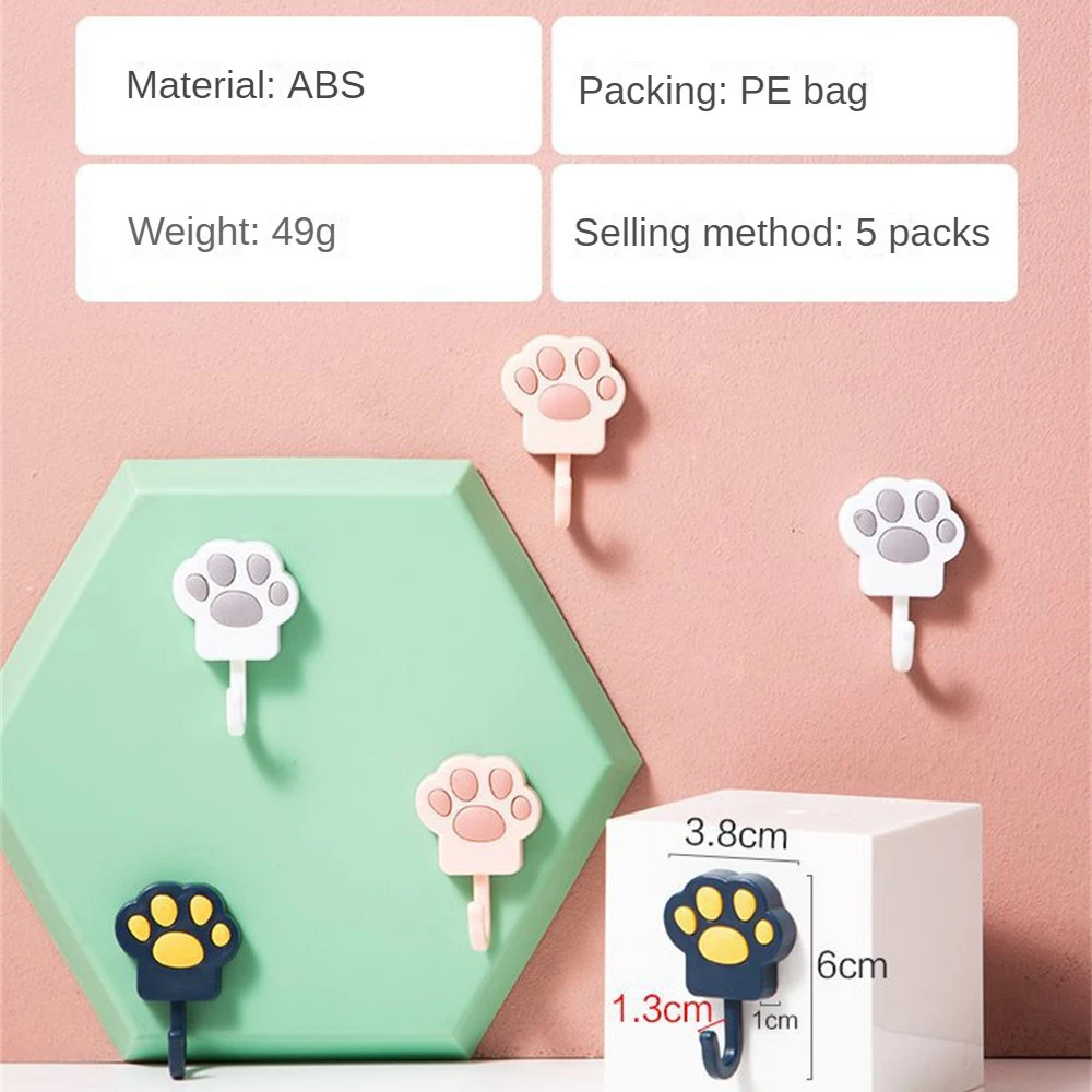 5pcs-set Hook Cartoon Cat Claw Hook Hanging Storage Cute Non-perforated Seamless Wall Hook Bathroom Dormitory Home Organization