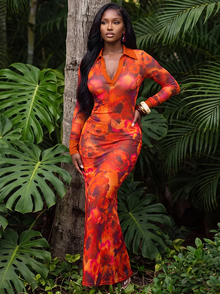 Sisterlinda Vacation Maxi Dress Women Art Print Polo Collar Full Sleeve Skinny High Elasticity Fashion Prom Party Chic Vestidos