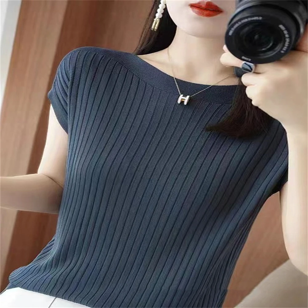 2024 New One Word Neck Ice Silk Knitted Short Sleeve Women\'s Summer Thin Wear Versatile T-shirt Top Loose Half Sleeve