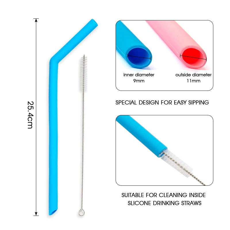 Reusable Food-grade Silicone  Drinking Straws Foldable Flexible Straw with Cleaning Brushes Bar Party Supplies Recyclable