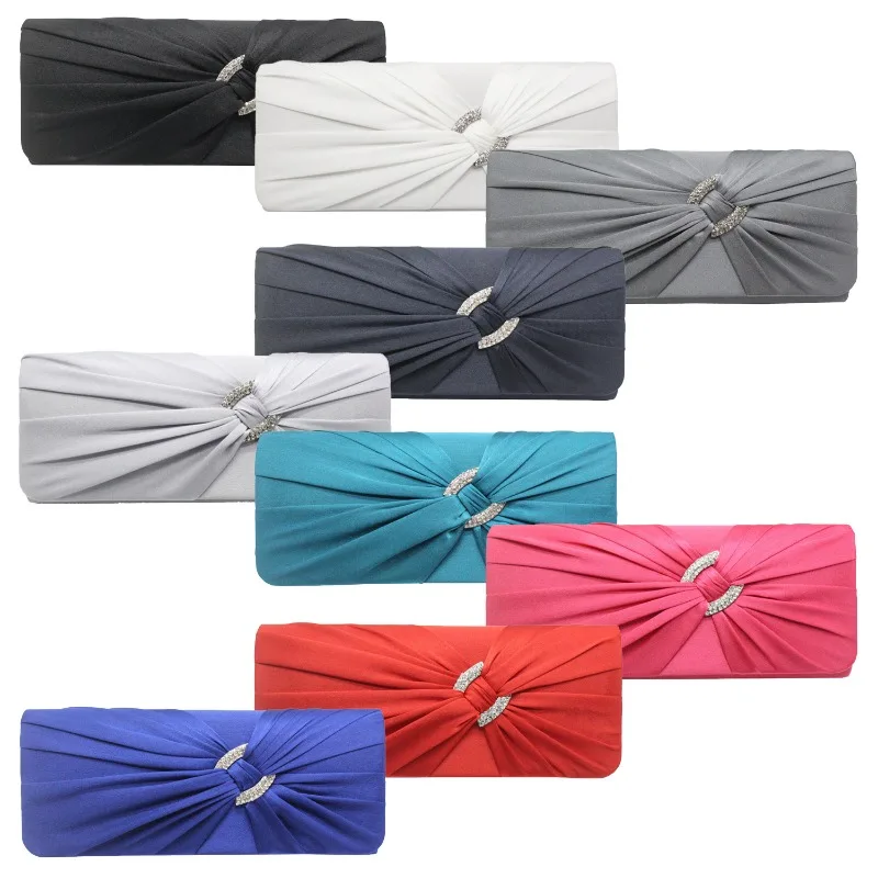 

Elegant Ladies' Pleated Evening Bag Wedding Party Plain Color Silk Satin Clutch with Crossbody Chain Cross Knot Royal Blue Purse