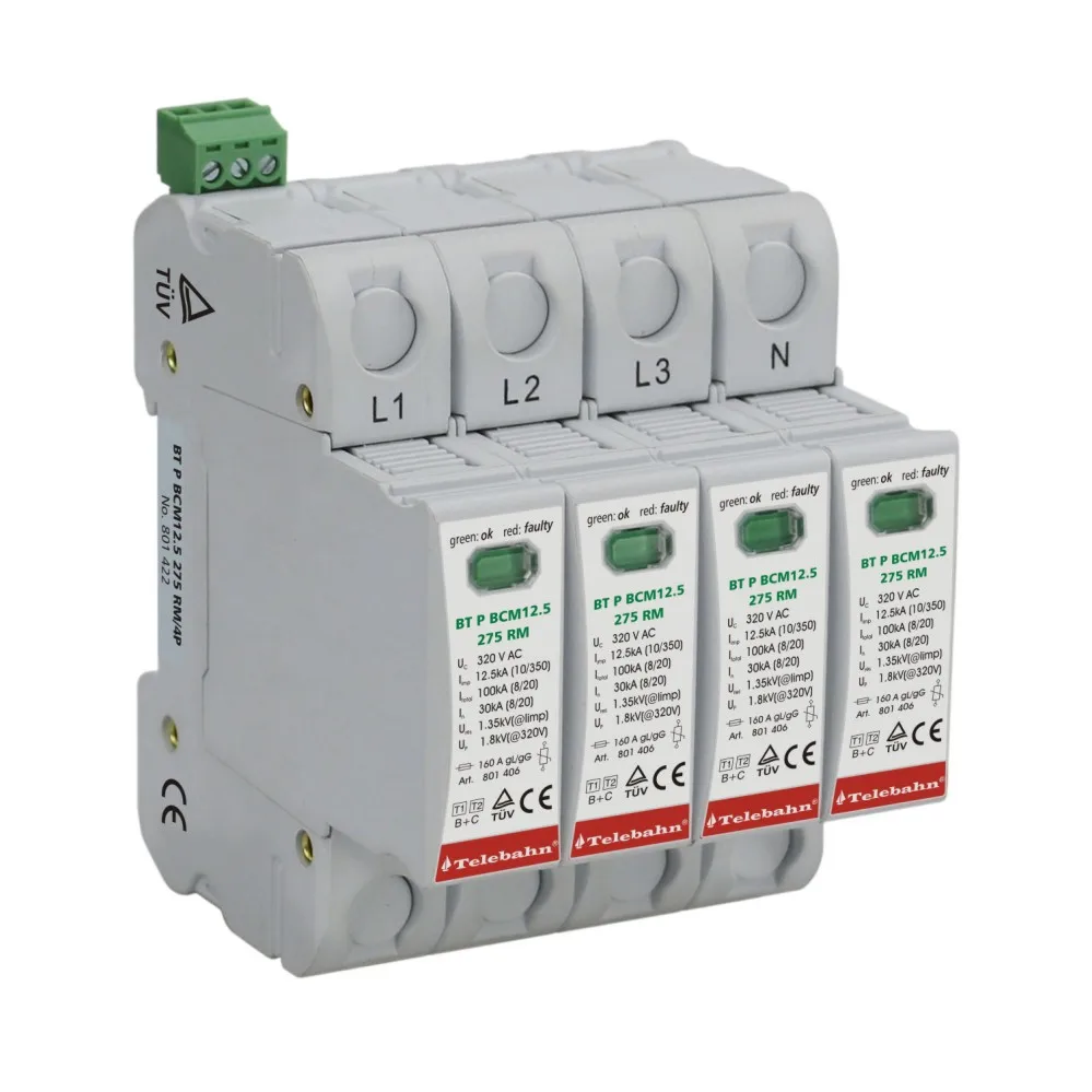 

Power Surge Protector TUV CE CB RoHS 4P 230V/400V/320V Iimp12.5kA /In30kA/Imax 60kA for 3 Phases TT or TN-S System AC SPD T1+T2