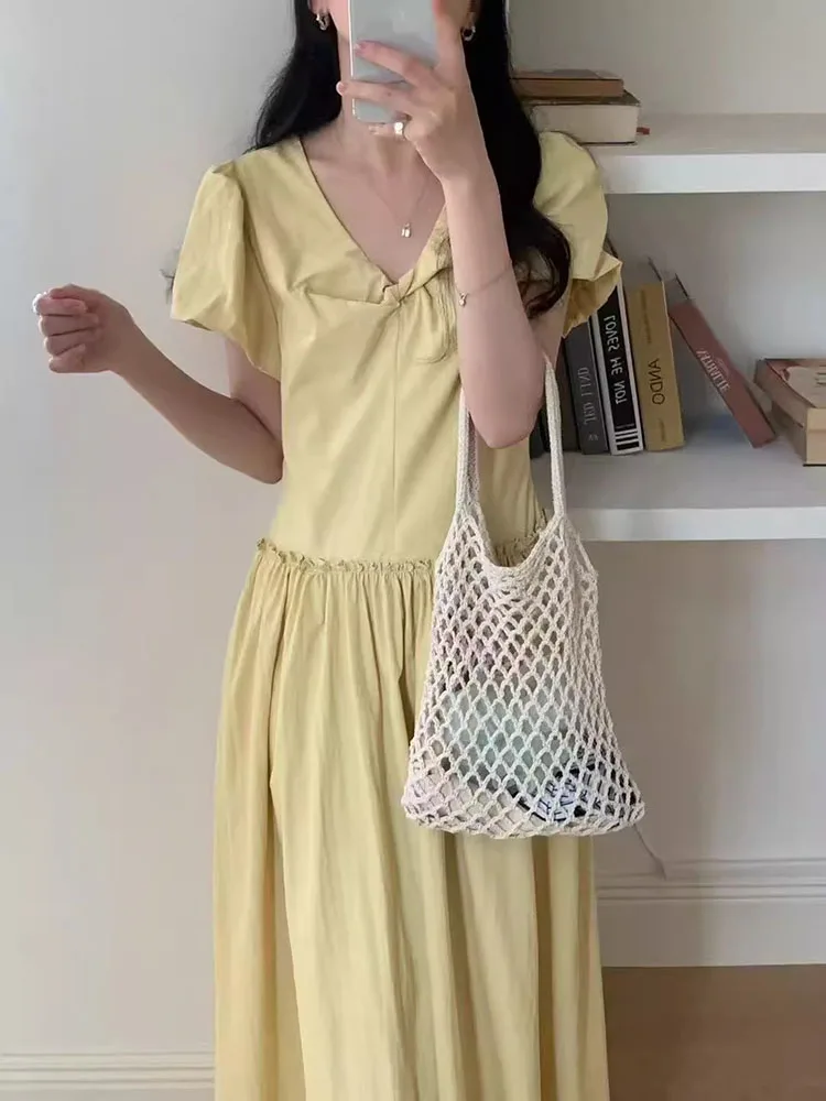 Anti-âge noeud V-Ne Bubble Sve Dr femmes été nouveau rétro pause thé longue Dr fibre de polyester trajet Sle ort...