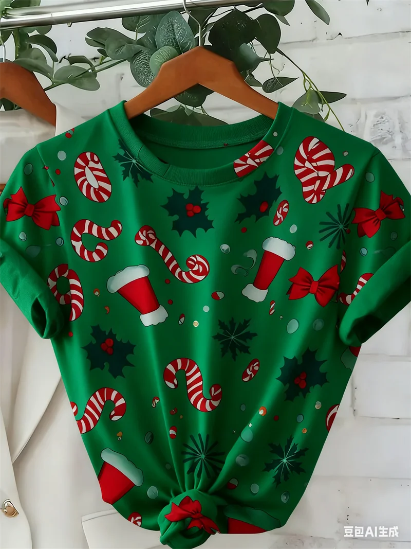 Christmas elements sweet candy snowflake 3D printed women's short sleeved T-shirt fashion casual party holiday Woman y2k clothes