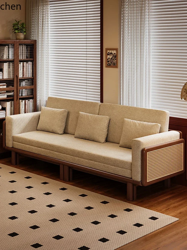 L31 Solid Wood Couch Household Living Room Small Apartment Retro Simple New Sofa Bed Dual-purpose Push-pull Bed