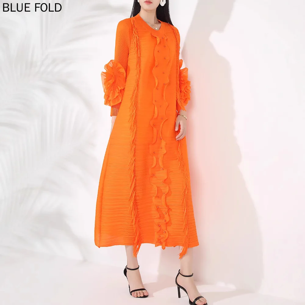 

MIYAKE Fashion Pleated Dress for Women High-end Loose Elastic Beaded Flowered Large Size Long Dress PLEATS Vestido Elegant Robe