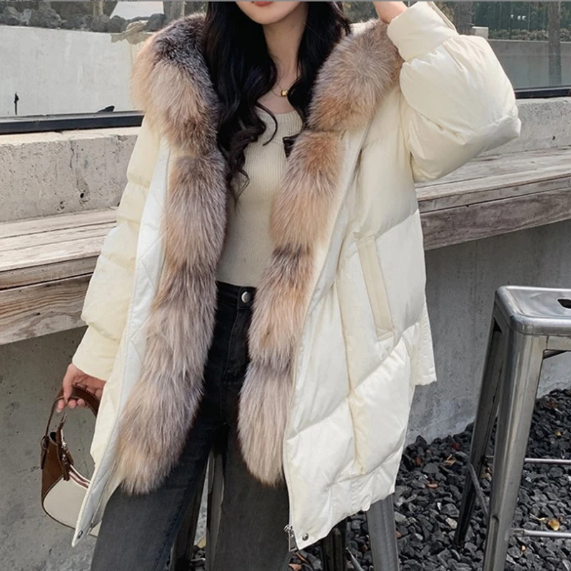 MENINA BONITA 2023 New Natural Real Fox Fur Collar Long White Duck Down Jacket Winter Women Warm Coat Thick Outerwear Streetwear