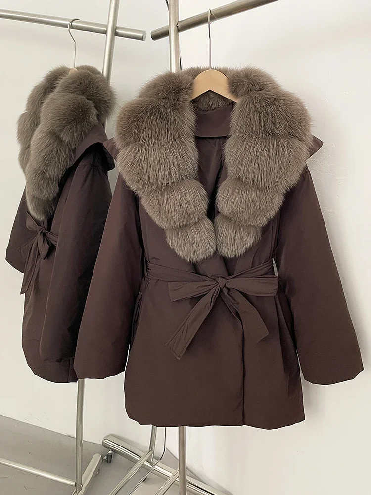 New Winter Women Thickened Warm Real Fur White Duck Down Coat Parke Outerwear Natural Fox Fur Collar Fluffy Puffer Jacket