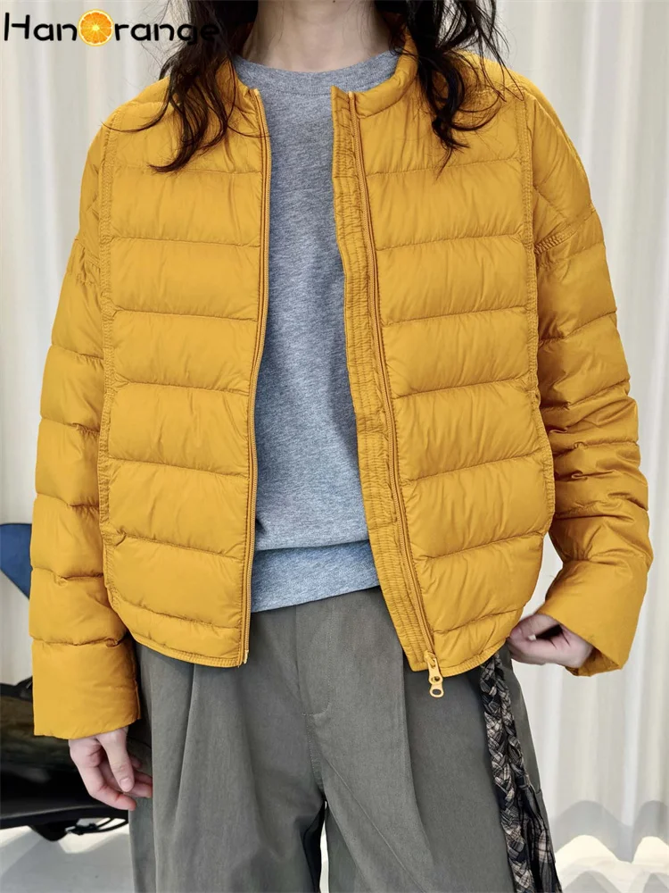 HanOrange 2026 Winter Simple Pork Ribs White Duck Down Jacket Women Short Warm Parkas Black/Off White/Yellow
