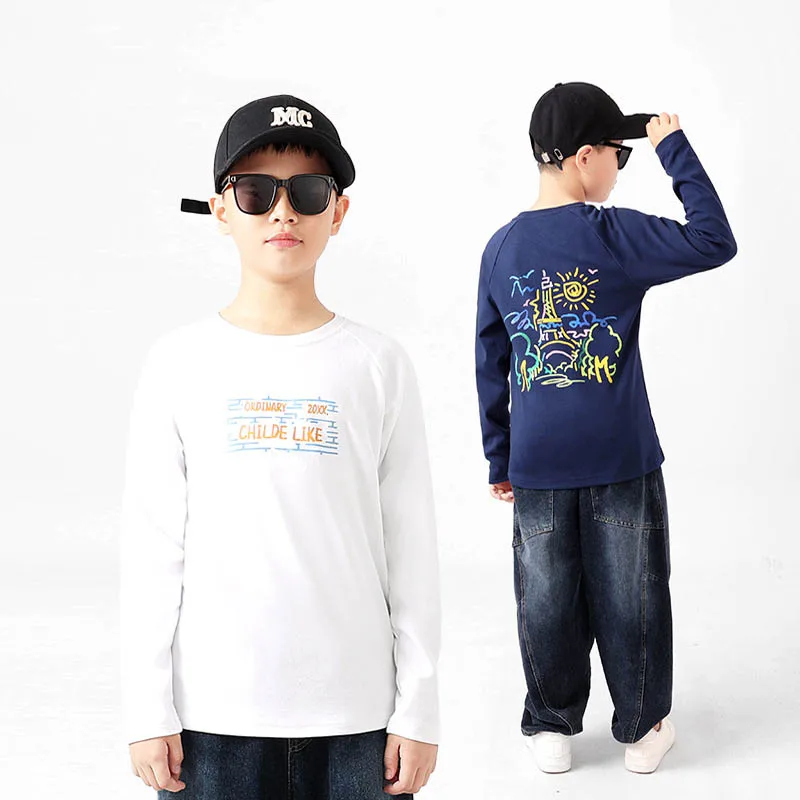 Spring Children Boys T-shirt Cotton  Graffiti Letter Print Long Sleeve Junior Boys Tops Round Collar Basic Shirts For 4-12Y Boys