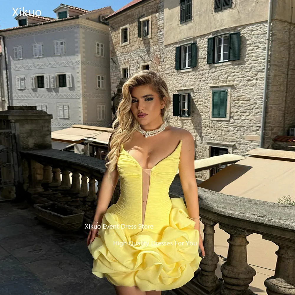 

Xikuo Bright Yellow Organza Party Dress Ruffled Bespoke Occasion Dress Ruched Bodice Cocktail Celebrity Prom Gowns Customized