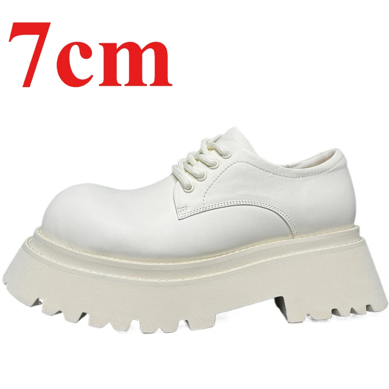 European/American Street Fashion White Derby Shoes for Men's 7cm Genuine Leather Hand Sewn Casual Thick Platform Increased Shoes