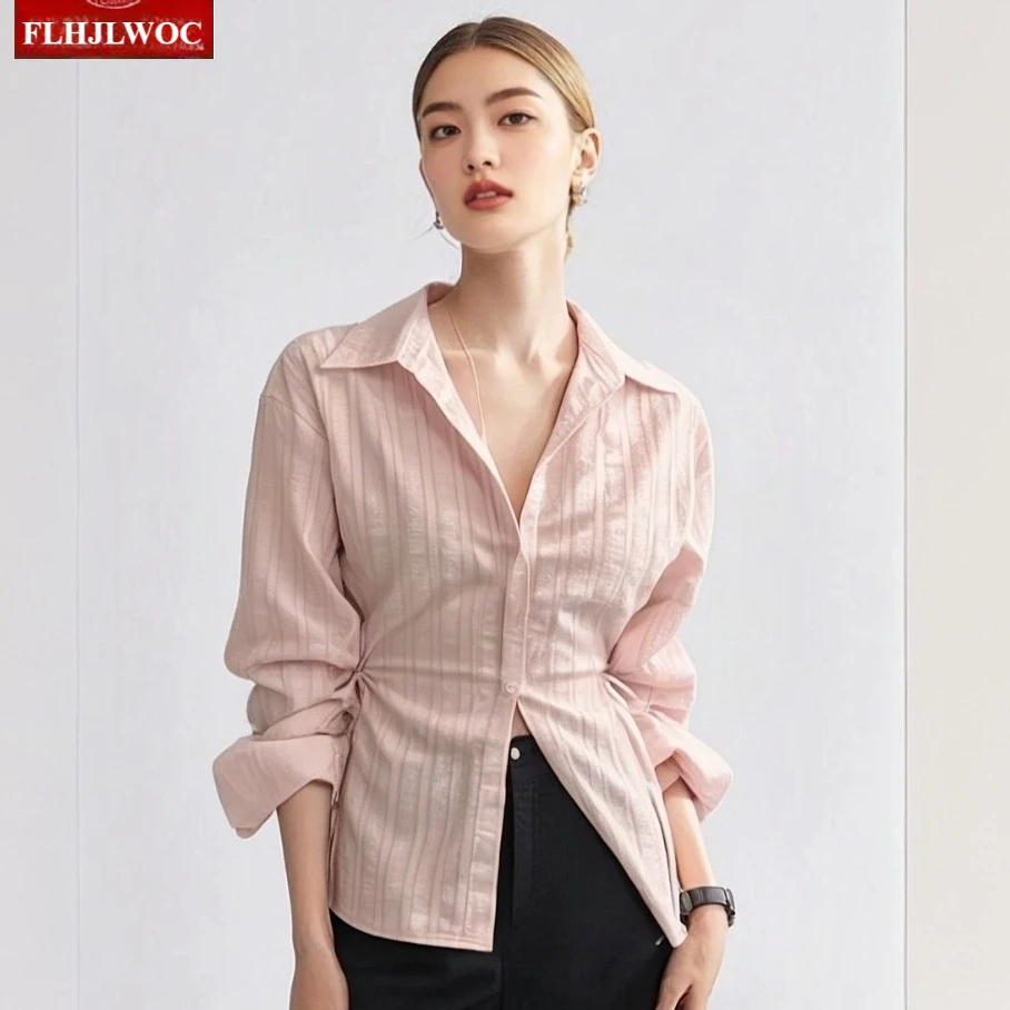 

Chic Korea Tops Blusas Women 2025 Autumn Long Sleeve New Design Single-Breasted Solid Color White Pink Basic Shirts Blouses