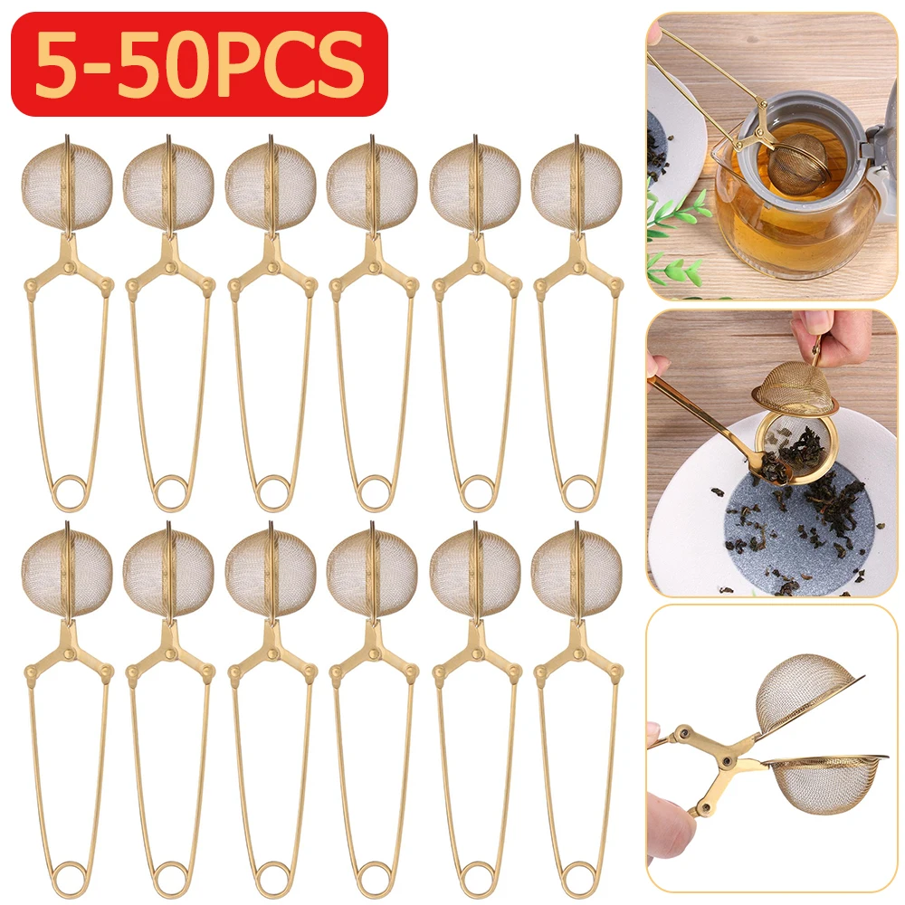 5-50P Gold Stainless Steel Tea Infuser Sphere Mesh Tea Strainer Herb Spice Filter Creative Strainer Stainless Steel Handle Spoon