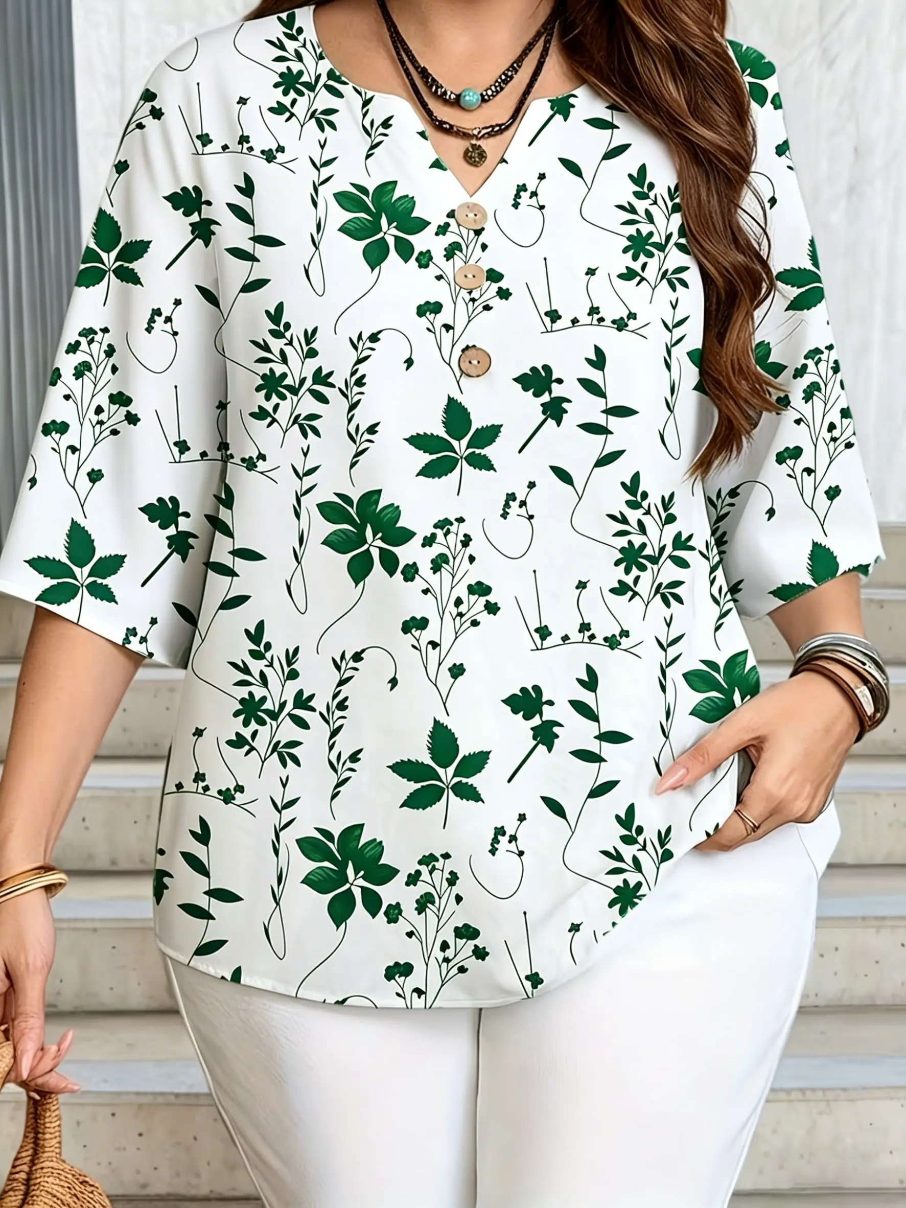 Plus Size Notch V Neck Blouse 3 Decorative Buttons 3/4 Sleeve Green Leaf Vine Print White Base Loose Soft Women Casual