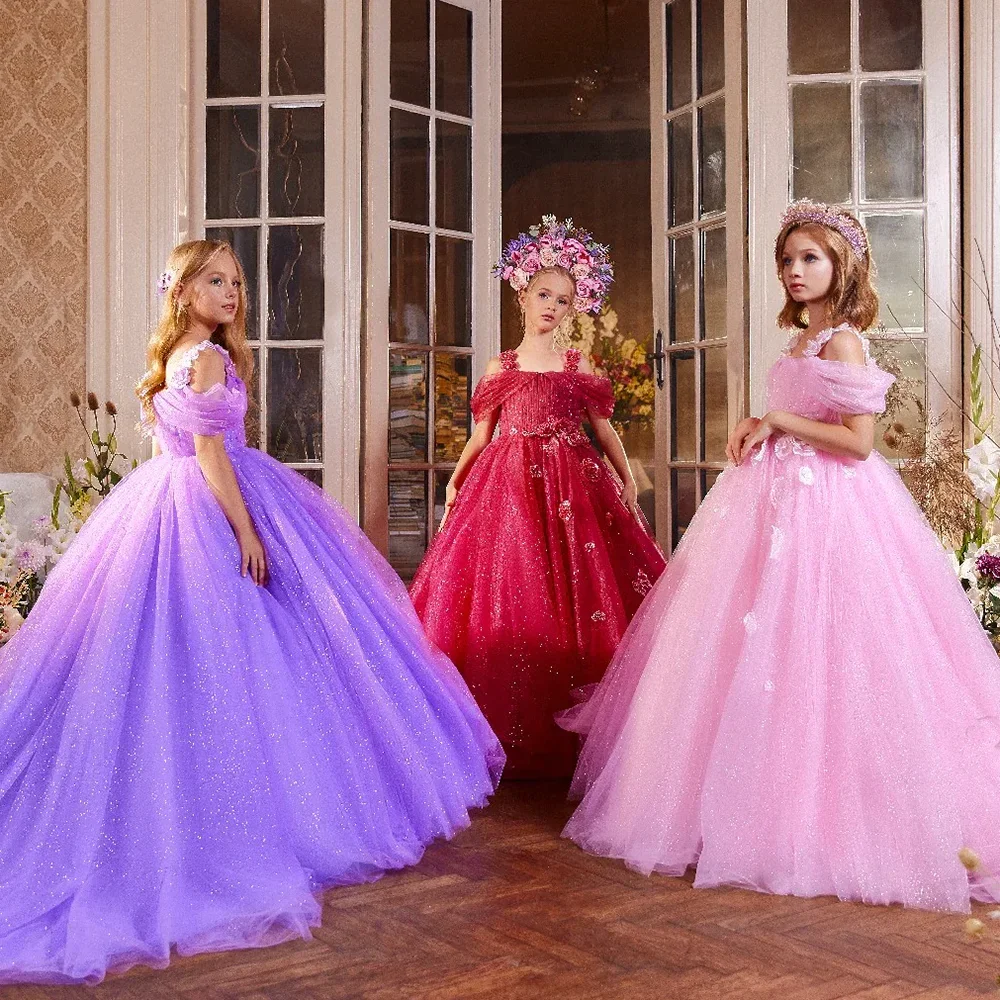 

Gorgeous Square Collar Flowers Girl Dresses Elegant Sequined Sweep Train Kids Pageant Ball Gowns Wedding Party Dresses 2023